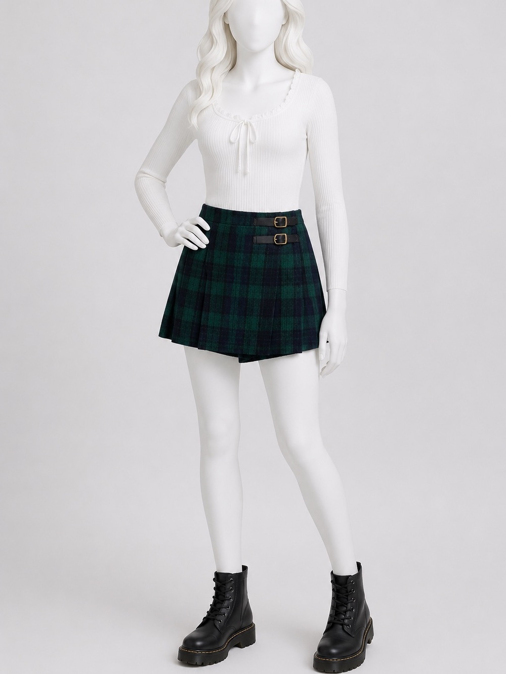 Copper Key Green and black Plaid Pleated Skort with Side Buckles